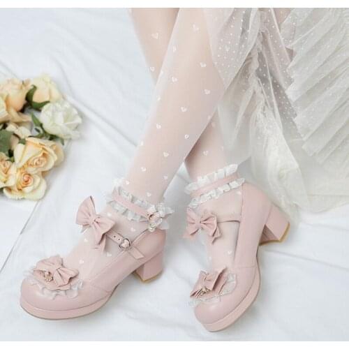 Plus Size 34-48 Lolita Mary Janes Women Med Heels Shoes Sweet Bowknot Ruffles Dress Party Wedding Shoes Bridal Princess