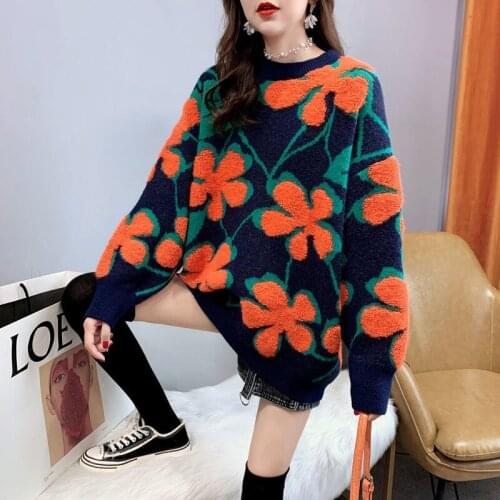 Lazy Wind Korean Fashion Thick Winter Clothes Womens Pullover Outer Wear All-match Round Neck Embroidery Long Sleeve Top Retro