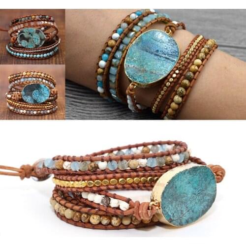 Vintage Ocean Stone Bracelet Women Bohemia Handmade Hand Chain Retro Natural Stone Rope Wrap Beaded Bracelet Jewelry Gift
