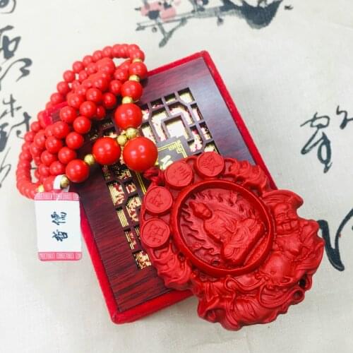 Zheru natural cinnabar carved red lotus Guanyin pendant with cinnabar bead necklace men and women sweater chain