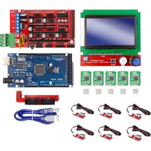 3D Printer 12864 LCD Display+MEGA2560 Main Control+Ramps1.4 Expansion Board+A4988 Kit with Heat Sink USB Calbe Jumper