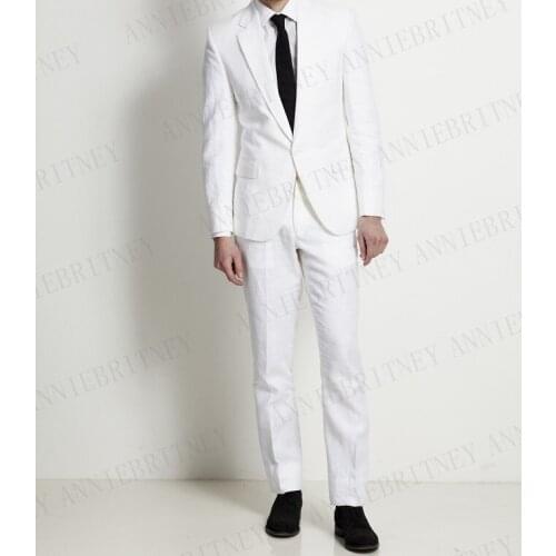 ANNIEBRITNEY Latest Coat Pant Designs White Linen Men Suit Casual Blazer Custom Groom Slim Fit Beach Men Suits Set jacket Pants