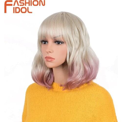 Ombre Grey Bob Wigs With Bangs Cosplay Style Short Water Wave Hair 12 Inch Anime Synthetic Pink Wig For White Women FASHION IDOL