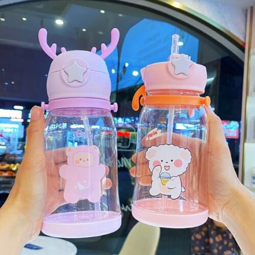 600ml Cute Bear Water Bottle With Straw For Children Girl School Plastic Portable Drinking Bottles BPA Free Creative Cup Gift