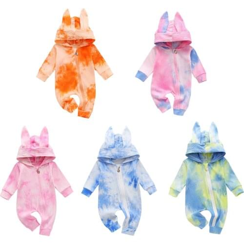 Infant Baby Cotton Romper, Long Sleeve Tie Dye Print Zip up Jumpsuit with Cute Bunny Ears Hood