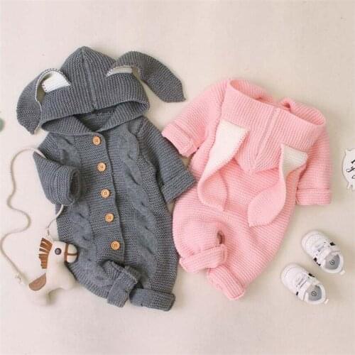 Baby Romper Autumn Winter Knitted Baby Clothes Newborn Hooded Rabbit Ear Baby Boy Romper Cotton Baby Jumpsuit Baby Girl Romper