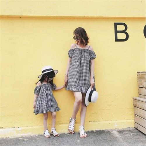 Mommy and Me Kids Plaid Strapless Dresses for Girls Woman Family Matching Clothes Outfits Summer Mother Daugher Dress