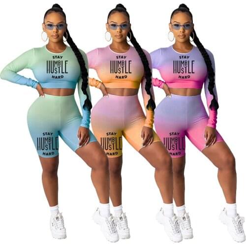 DPSDE 2020 spring new women sexy movement style sets long sleeve round neck top elastic short pants letters two piece sets