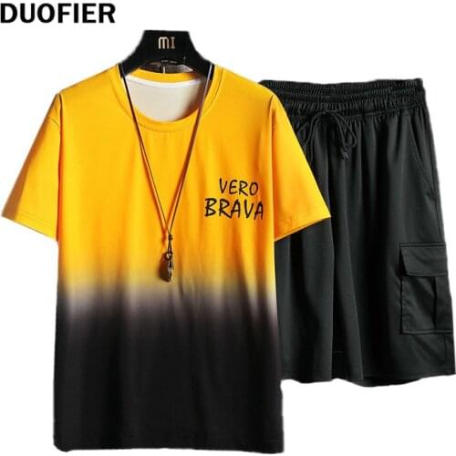 Casual Men T-shirt Two-piece Summer Hip Hop 2021 New Mens Short Sleeve+Pants Harajuku Male Suit Clothes Mens Japanese Loose 5XL