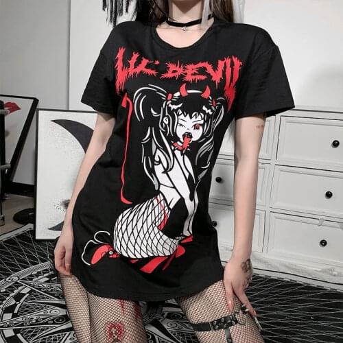 Harajuku Black Oversized T-shirts Mall Goth Cat Person Print T-shirt women Punk Grunge chic Short Sleeve Long Tops Streetwear