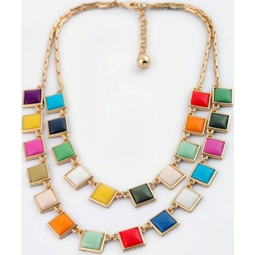 KISS ME Fashion fashion accessories square candy color double layer necklace Factory Wholesale Women Statement Necklace