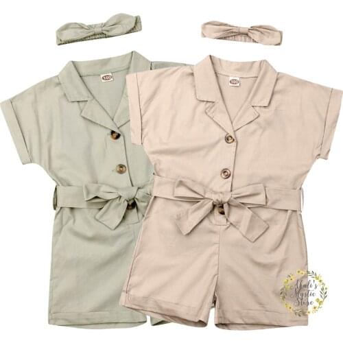 2-7Years Toddler Kids Girls Jumpsuit Summer Bow Belt Rompers Short Sleeve Girls Costumes Children Clothes