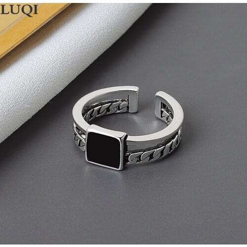 Fashion Womens S925 Retro Thai Silver Square Flat Lacquer Personalized Open Rings NJ605