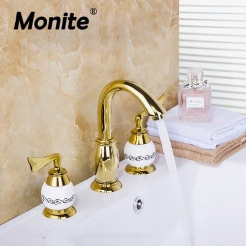 Monite Golden Polish Bathroom Faucet set Deck Mounted 3Pcs Set Bathtub European Split Basin Mixer Tap Ceramic Faucet Body