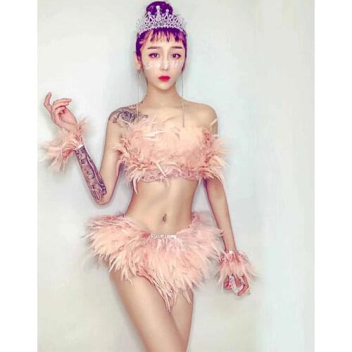 New Pink Feather Bikini Set Sexy Lady Bar Nightclub Party Rave Clothes Dancer Costume Samba Singer