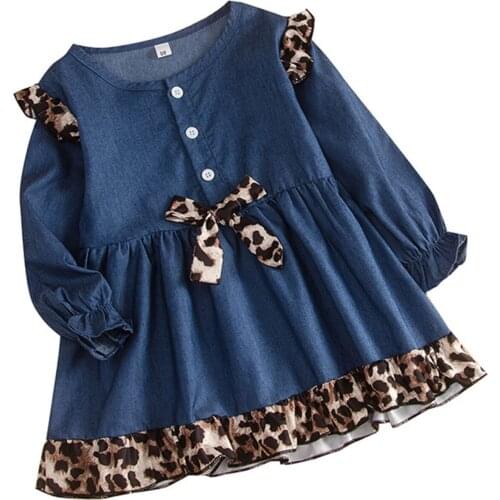 3-7Y Toddler Baby Girls Splicing Denim Dress Button Ruffle Shoulder Round Neck Long Sleeve Leopard Falbala Bow Casual Dress