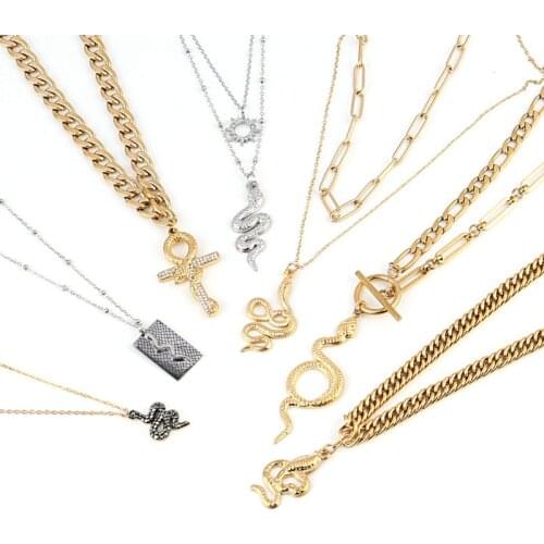 Punk Women Stainless Steel Necklace Double Layer Necklace Long Pendant Necklace Thick Snake Necklace For Women Jewelry Gift