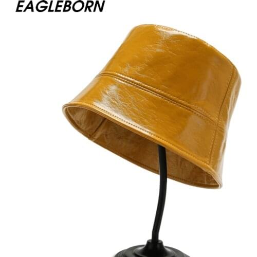 Spring Autumn New Bucket Hat Japan Korea PU Bucket Hat Solid Color Retro Fashion Street Hat Winter Hats Glossy Bucket Hat Women