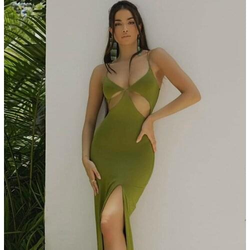 Sexy Spaghetti Strap Hollow Out Split Maxi Dress Deep V Low-Cut Backless Night Club Party Slim Green Vestidos Summer M21DS321