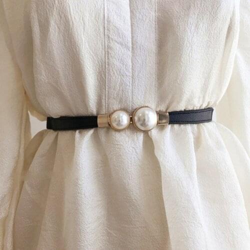 Women Double Pearl Belt PU Leather Dress Skirt Waist Elastic Thin Belts Ladies Waistband Female Designer Waistband