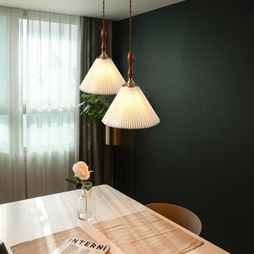 Retro Nordic Pleated Lampshade Chandelier Walnut Dining Room Bedroom Bedside Bar Bed and Breakfast Brass Chandelier E14