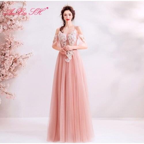 AXJFU princess boat neck pink evening dress luxury illusion pink flower evening dress beach beading pink evening dress 7616