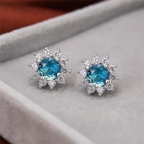 Cute Small Round Zircon Blue Green Crystal Stud Earrings For Women Flower Jewelry Female Simple Fashion Rainbow Stone Earrings