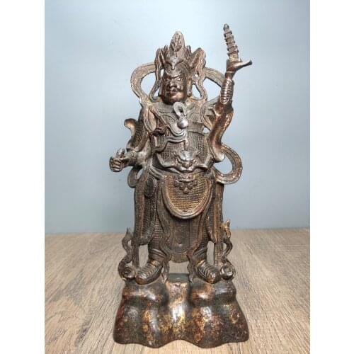 13"Tibet Buddhism Old Bronze Lacquer Cinnabar Tota statue Li Tianwang Pagoda Treasure King Enshrine the Buddha