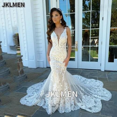 Mermaid Wedding Dresses Lace 2020 Spaghetti Strap Soft Tulle Backless Bridal Gowns Sleeveless Wedding Gowns with Train