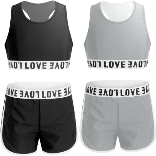 Kids Girls Ballet Dance Outfit Letter Printed Sleeveless Racer Back Tanks Crop Top with Bottoms Set for Ballet Dance Gym Workout