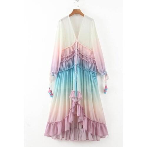 European American Womens Dress Fashion Deep V-Neck Long Sleeves Gradient Color Print Dress Victoria Graceful Dance Long Dress