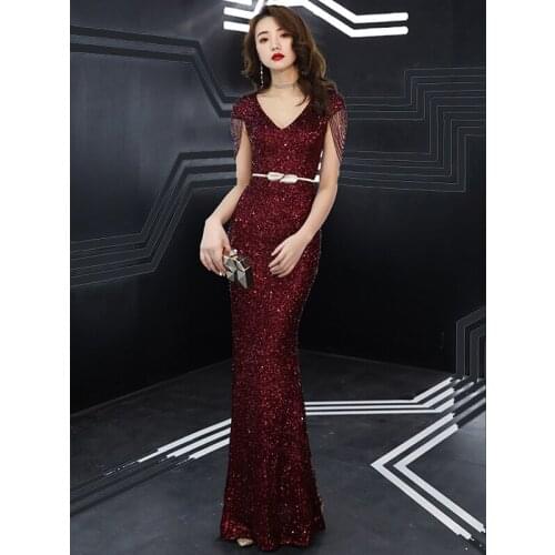 Wine red mermaid evening dress female 2021 new dignified banquet elegant long sequined aura queen looks thin vintage prom A087