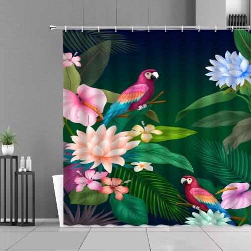 Tropical Plants Flower Bird Shower Curtain Green Leaf Landscape Bath Curtains Waterproof Home Bathroom Decor Screen Polyester