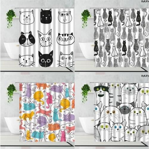 3D Cute Cartoon Black And White Cat Shower Curtains Funny Hand-Painted Animal Childrens Bathroom Decor Accessories Bath Curtain