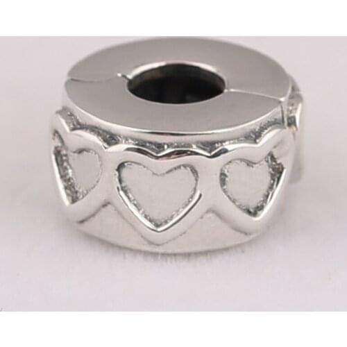 S925 Silver Sterling Bracelet Clip for Women Bangle Love Row of Hearts Stopper DIY Charms Beads Jewelry