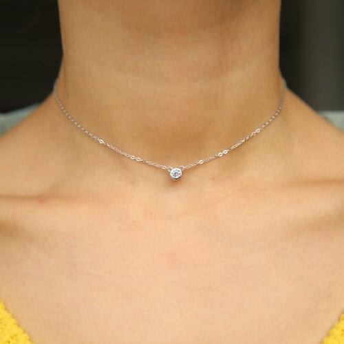 Simple delicate thin silver chain girl women tiny single stone cz 925 sterling silver bezel cz necklace cute