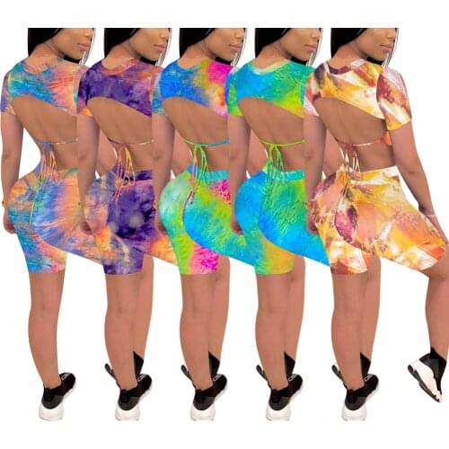 Imcute Tie Dye Print Women Short Sleeve Backless T-shirt Crop Top High Waist Shorts Workout Tracksuit Summer Outfit 2pcs Set