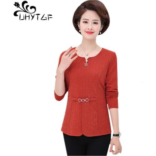 UHYTGF female T-shirt fashion O neck pullover spring t shirt women clothes solid color wild elegant loose 5XL Plus size top 1416