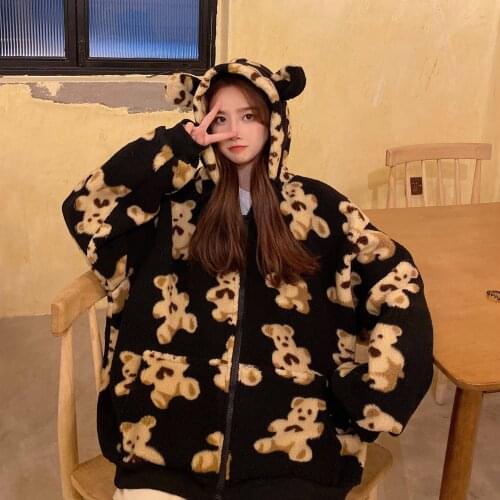 Harajuku Kawaii Bear Ear Coats Pattern Lamb Fur Coats Women Autumn Winter Zipper Hooded Thick Female Warm Jackets Outerwear