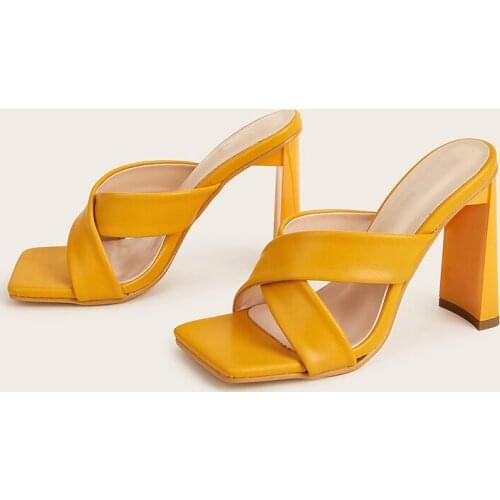 2021 New arrivals women elegant slippers high heel sandals slides square toe slip on square toe mules shoes woman summer 2020