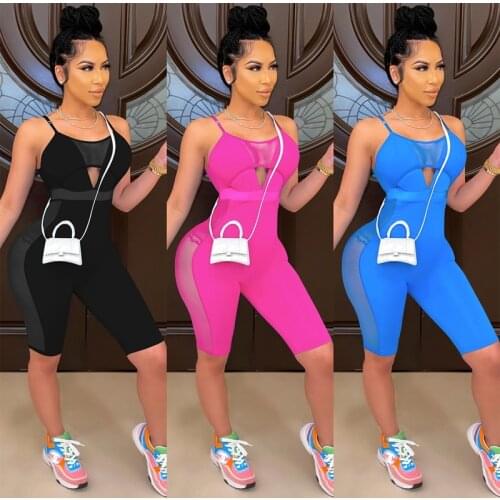 Fitness Mesh Patchwork Bandage Women Solid Romper Skinny Sleeveless Playsuit Zipper Short Jumpsuit Women Fashion Casual Suit