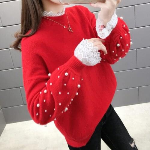 Knit sweater lace stitching sweater womens round neck 2020 spring new super fire shirt net red lazy wind sweater