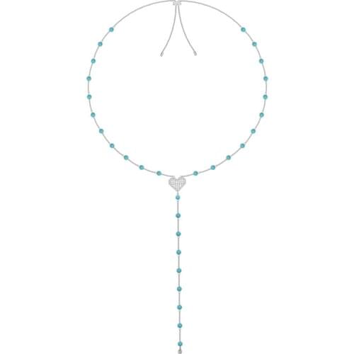 SLJELY 925 Sterling Silver Zircon Endless Love Hollow Heart Long Necklace with Blue Beads Stones Turquesa Women Fine Jewelry