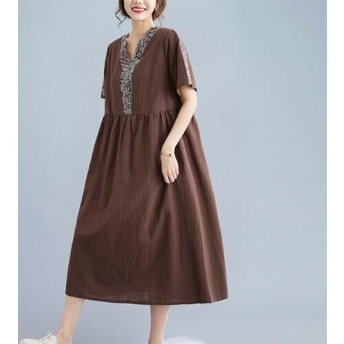 2021 New Arrival Cotton Linen Loose Summer Dress Patchwork V-neck Vintage Dress Holiday Travel Casual Women Beach Style Dress