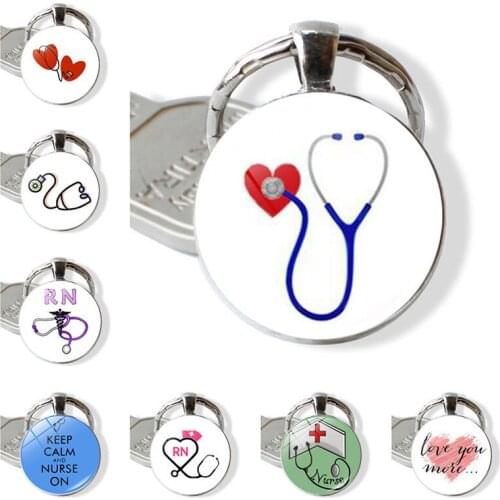 WG 1pc Nurse Medical Syringe Stethoscope Image Cabochon Keychain Metal Glass Ball Keyring Pendant jewelry Accessories