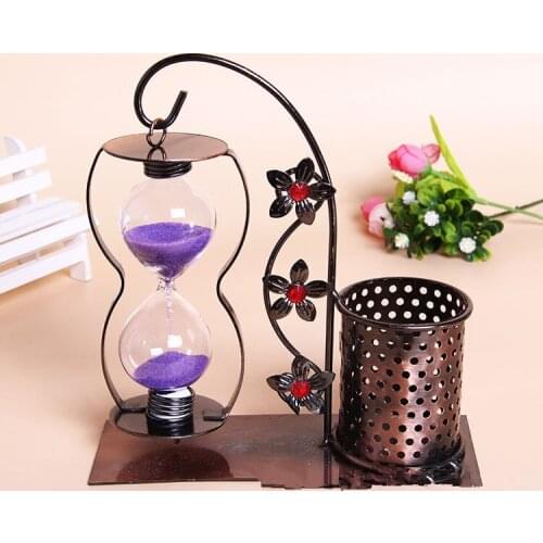 1PC Iron Flowers Hourglass Figurines Home Office Pen Stationery Ornaments Desktop Decoration Shooting Props Sandglass MB 001