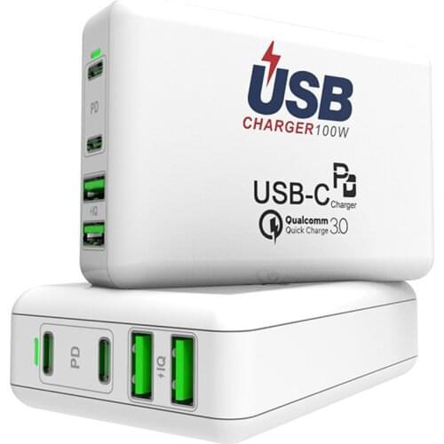 100W USB C Fast Charger QC 3.0 Type C PD 100W USB Desktop Adapter For Macbook Pro iPhone Xiaomi Power Adaptor Tablet Laptop