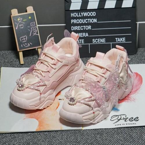 2021 new heavy industry shiny rhinestone butterfly pink age-reducing old shoes womens sports casual shoes college wind shoes