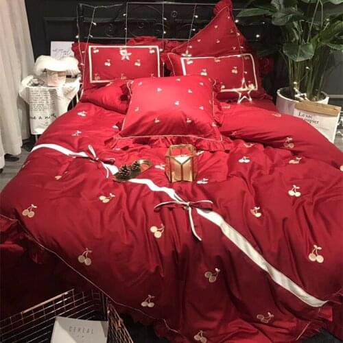 Red Lovely little Cherry Egyptian Cotton Embroidery Bedding Set King Queen Bed Sheet set Duvet cover Pillowcase 4/6pcs