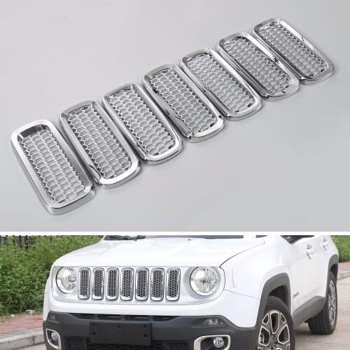 7x Auto Chrome ABS Silver Front Mesh Grille Insert Guard Cover Trim Decor Frame For Jeep Renegade 2015-2017 Car Styling Sticker
